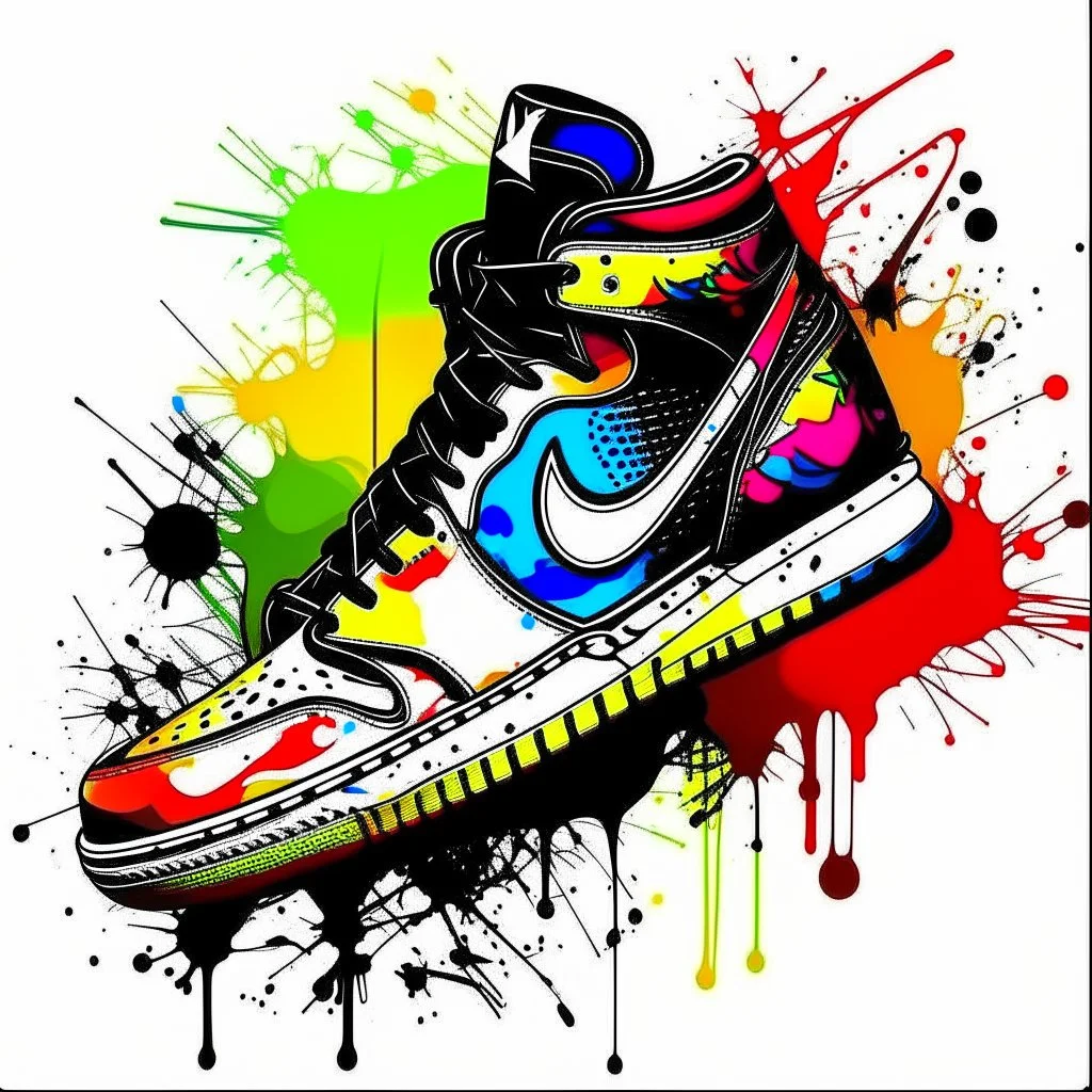 vector t-shirt art ready for print colorful graffiti illustration of Jordan 1 sneaker, frontal perspective, action shot, vibrant color, high detail, white background