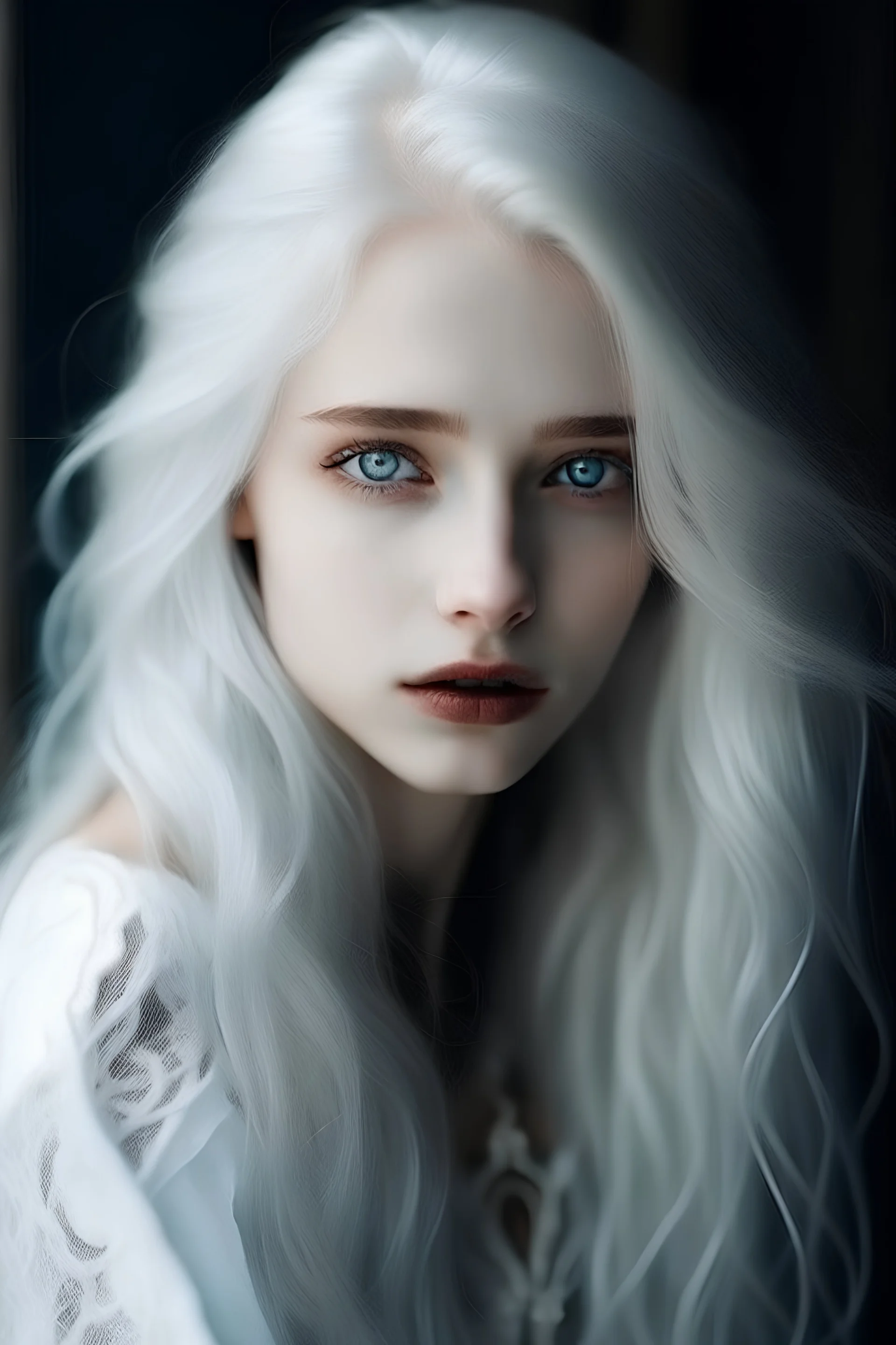 The beautiful girl with luxurious snow-white hair is very old-fashioned. She is famous for her beautiful eyes.