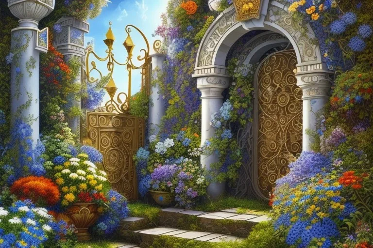 intricate ornate gate, garden, path, flowers, fine detail, high quality, Analytical cubism, mystical,