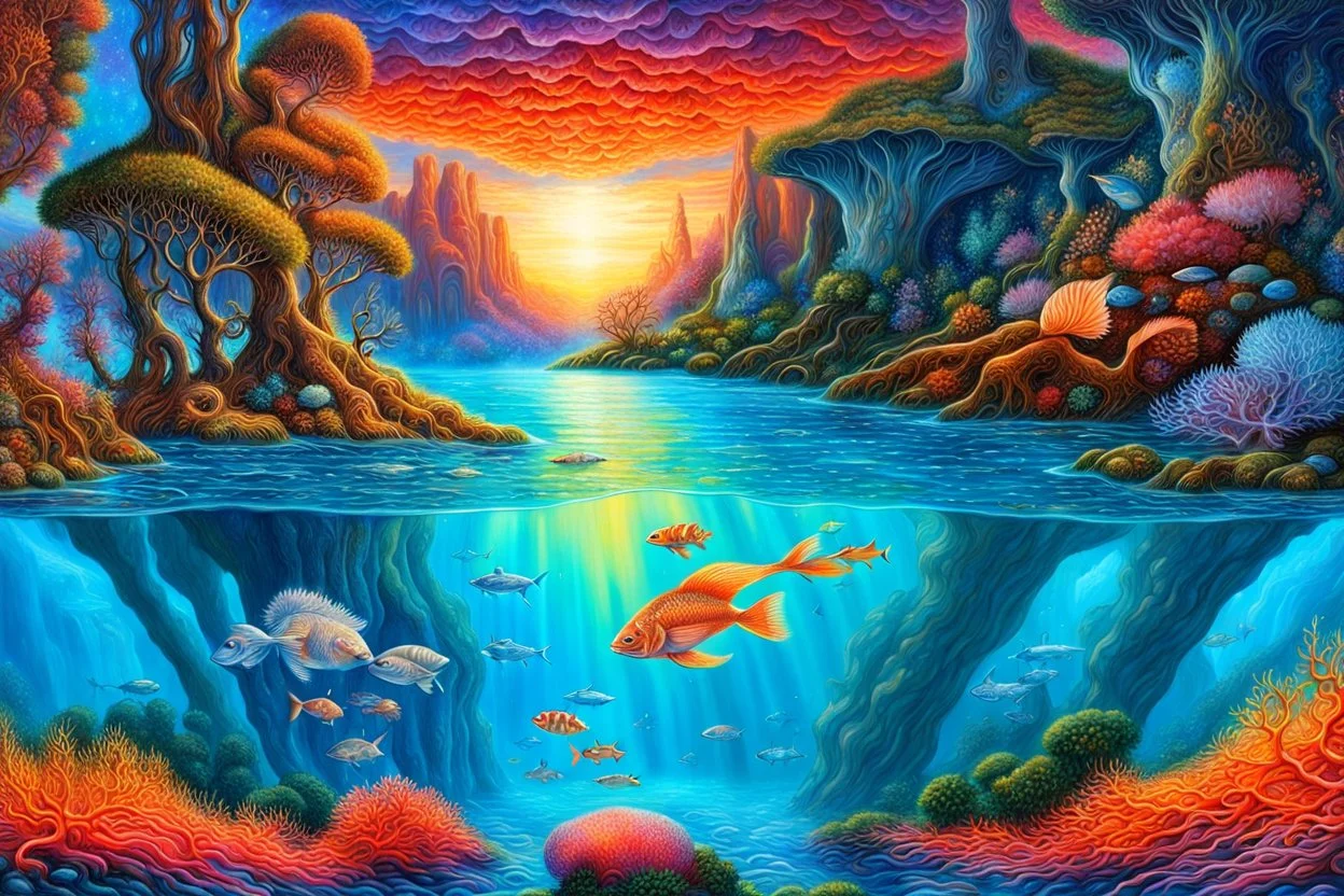 An Trees, waterfalls, and imaginative landscapes. Underwater lake fish. Coral. The sky is decorated with stars and sky waterfalls fantasy, perfect anatomy, fantasy, vibrant digital art professional award winning masterpiece, oil on canvas Atmospheric extremely detailed Josephine Wall