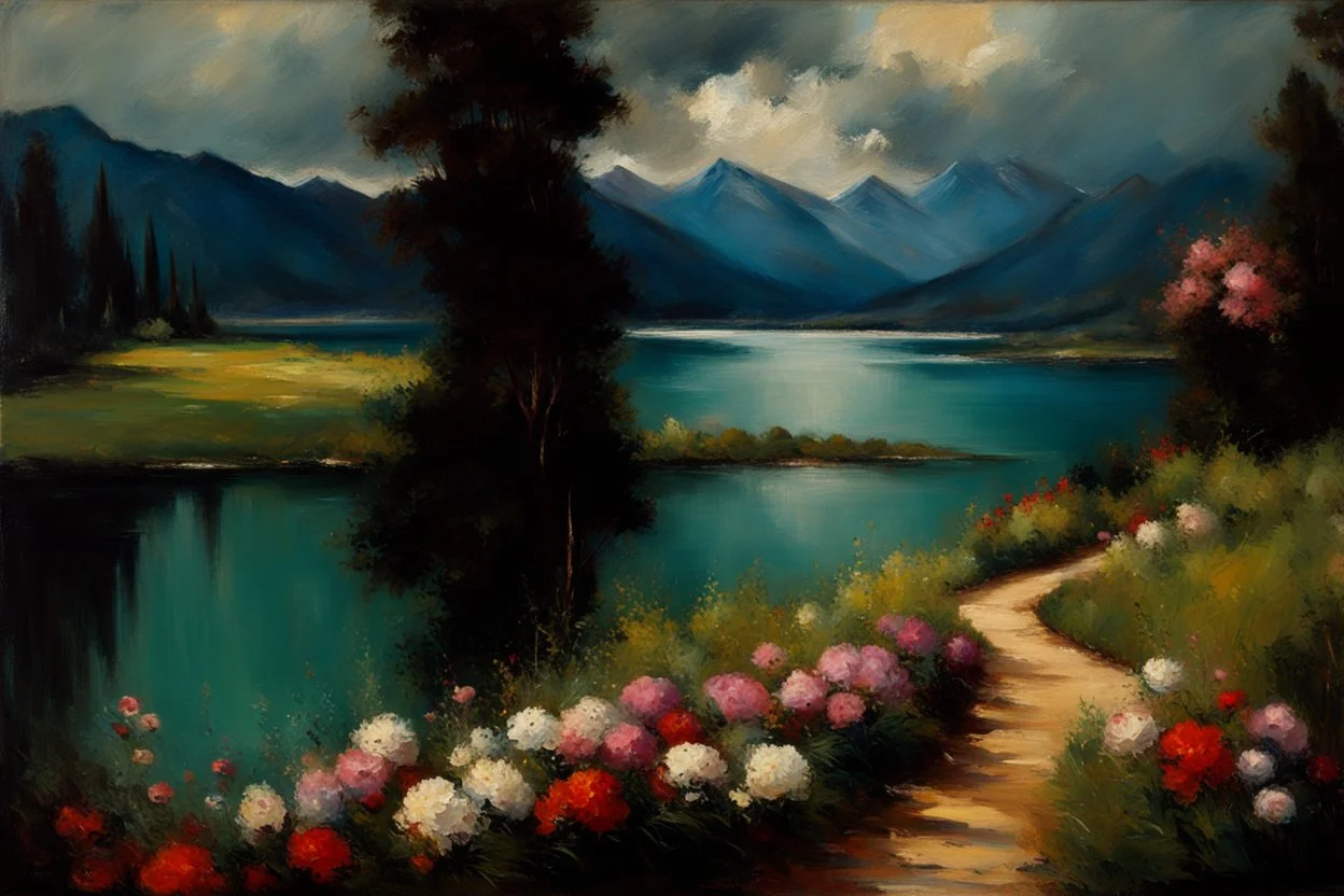 Mountains, lake, flowers, pathway, pine trees, clouds, lesser ury impressionism painting