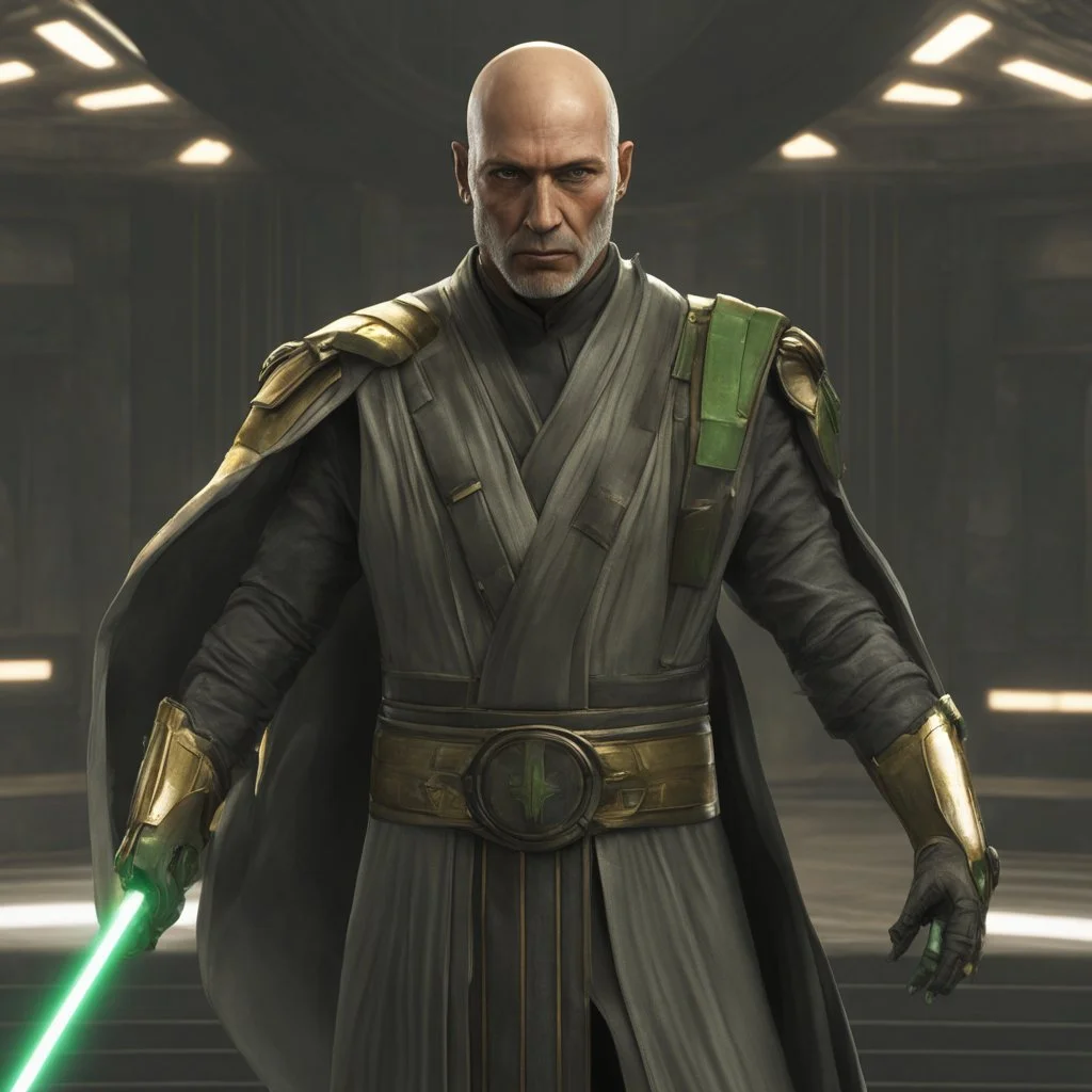 star wars bald male corellian jedi pilot wearing gunmetal grey and black old republic armored robes with gold trim inside the jedi temple holding a lightsaber with viridian green blade in left hand, centered head and shoulders portrait, hyperdetailed, dynamic lighting, hyperdetailed background, 8k resolution, volumetric lighting, light skin, fully symmetric details