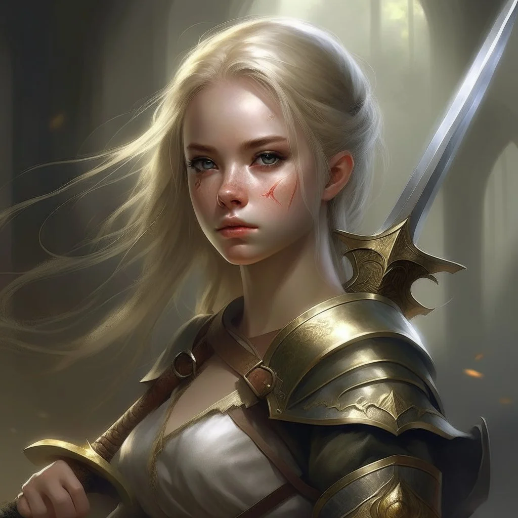 pretty girl, aged 30, blonde, conventionally attractive, fighter, greatsword, elf, dramatic