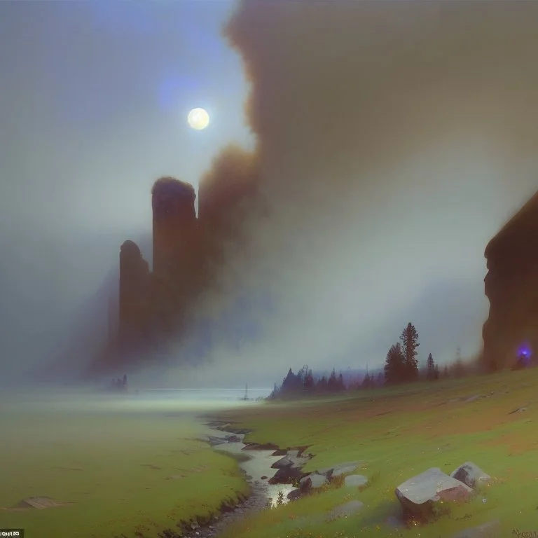 Night, dark blue sky, mist, vegetations, rocky mountains, cliffs, big rocks, dirt, distant mountains, epic, sci-fi, alfred stevens impressionism paintings
