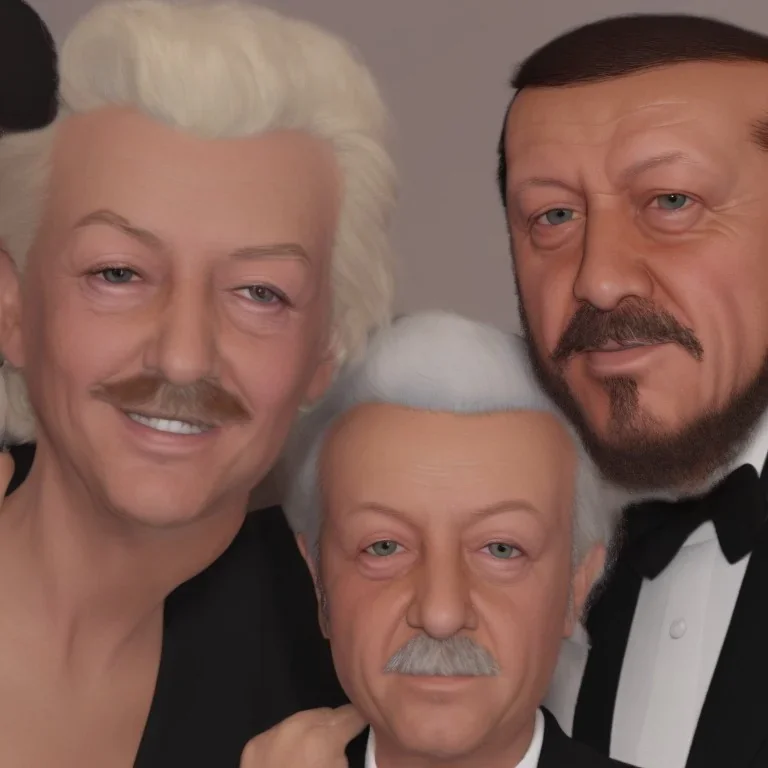 Recep Tayyip Erdogan has a beard like Papa Smurf and is cheerful with Marilyn Monroe at party.