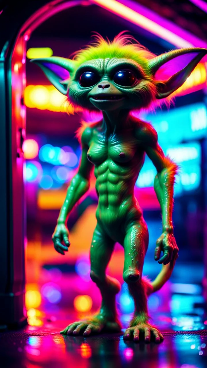 sexy stunt furry hairy alien gremlin in telephone both parked in dark neon lit reflective wet arcade hall tunnel,bokeh like f/0.8, tilt-shift lens 8k, high detail, smooth render, down-light, unreal engine, prize winning