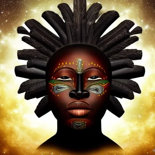 african head portrait, warrior costume, village, meditation, woods, galaxy sky, 8k quality