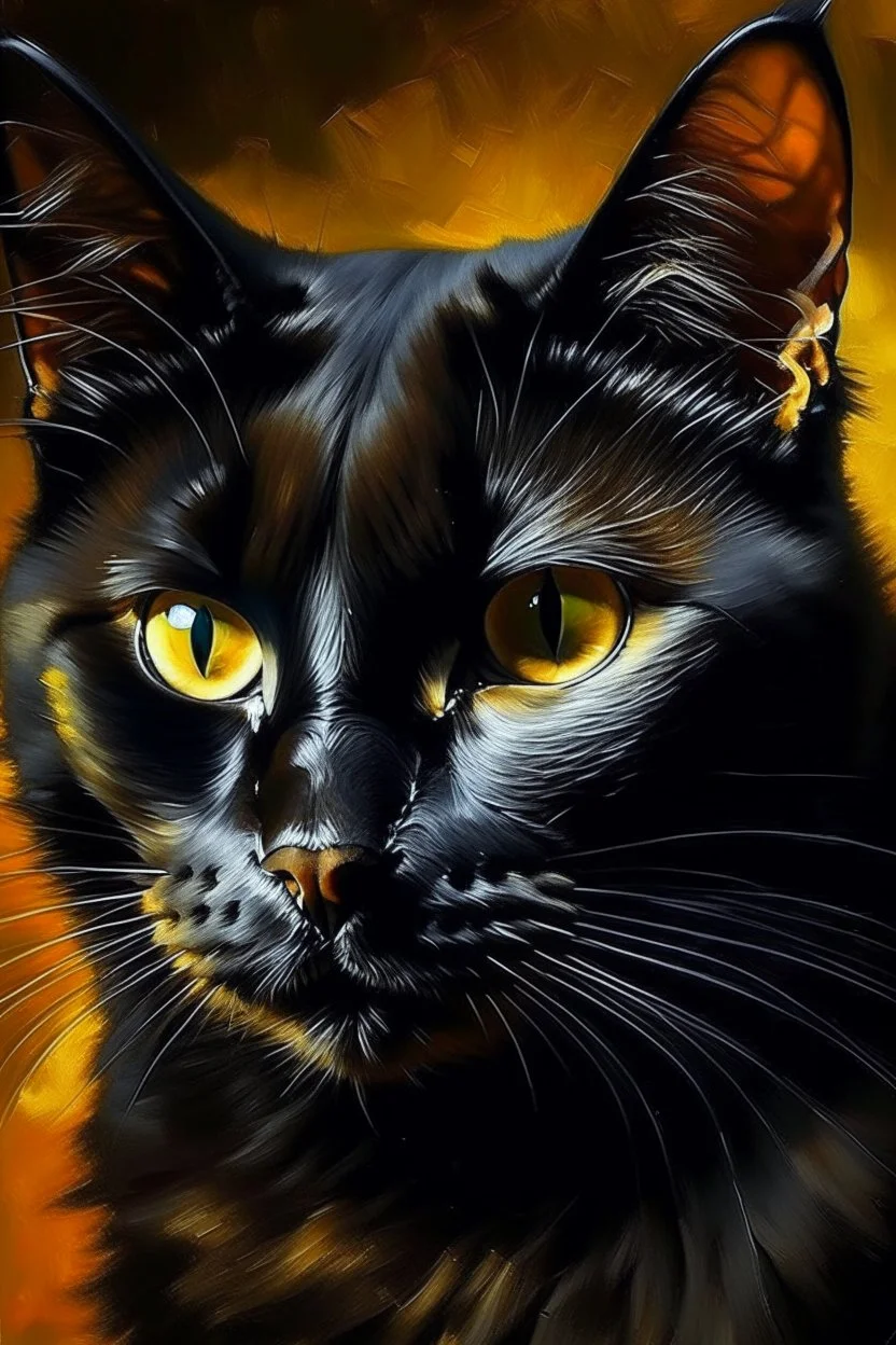 prompt: A painting that pays homage to the elegance and animal grace of a common black house cat, but also to its stealth and quickness as a dangerous predator, as demonstrated in its presence and seen in its eyes. golden intense eyes, shiny black fur