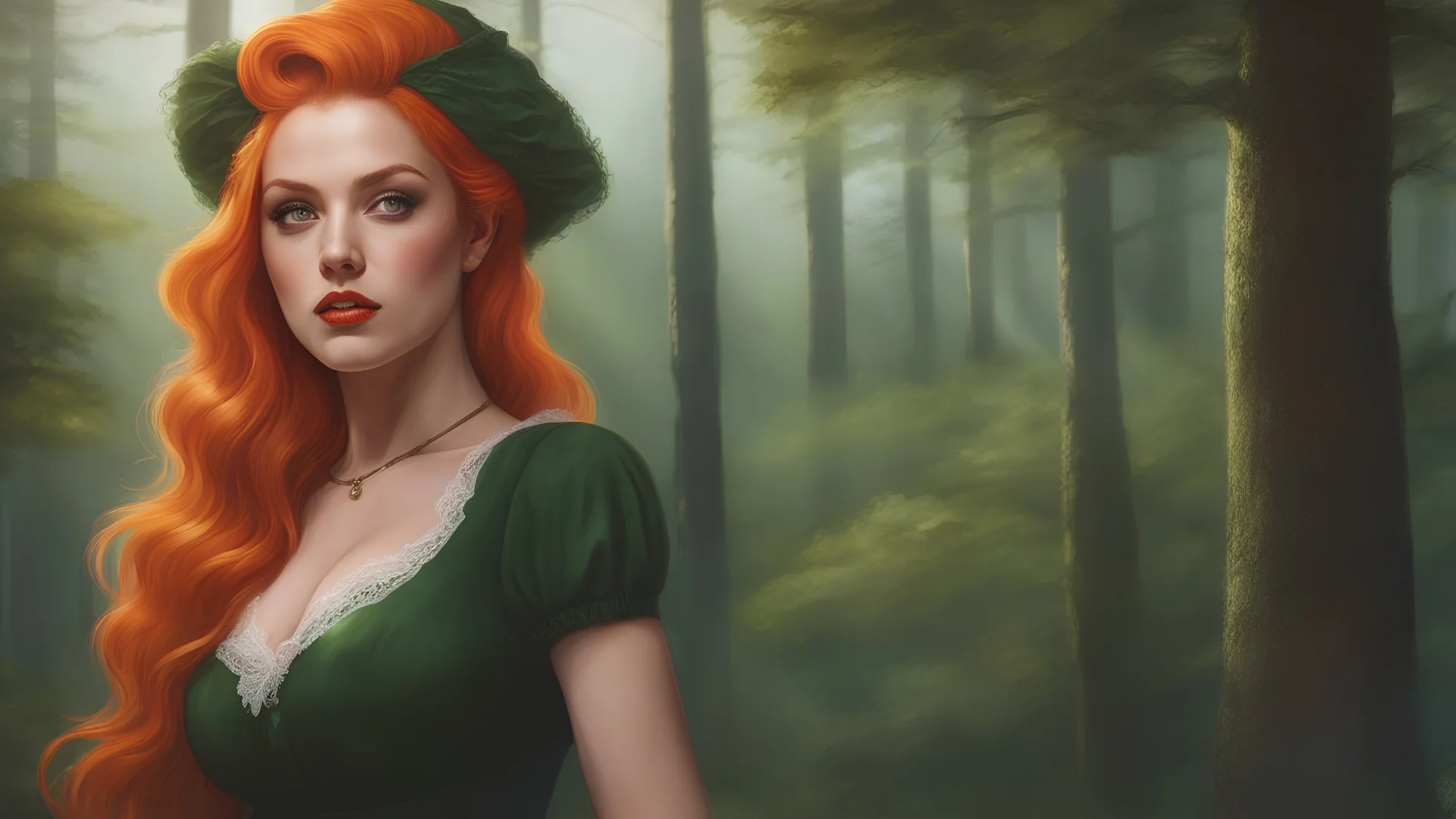 realistic portrait of a pretty pinup witch, orange hair, long hair, hairclip, green dress with lace, forest background, 8k, high quality, trending art, trending on artstation, sharp focus, studio photo, intricate details, highly detailed, by greg rutkowski