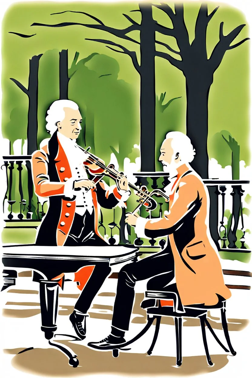 Mozart and Tchaikovsky jamming in a park bandstand