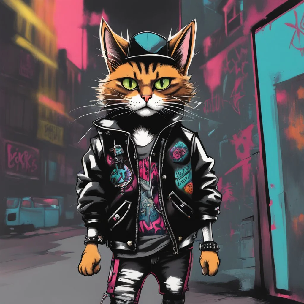 Dibujo de un Cat punk con chaqueta, estilo grafiti , NFT