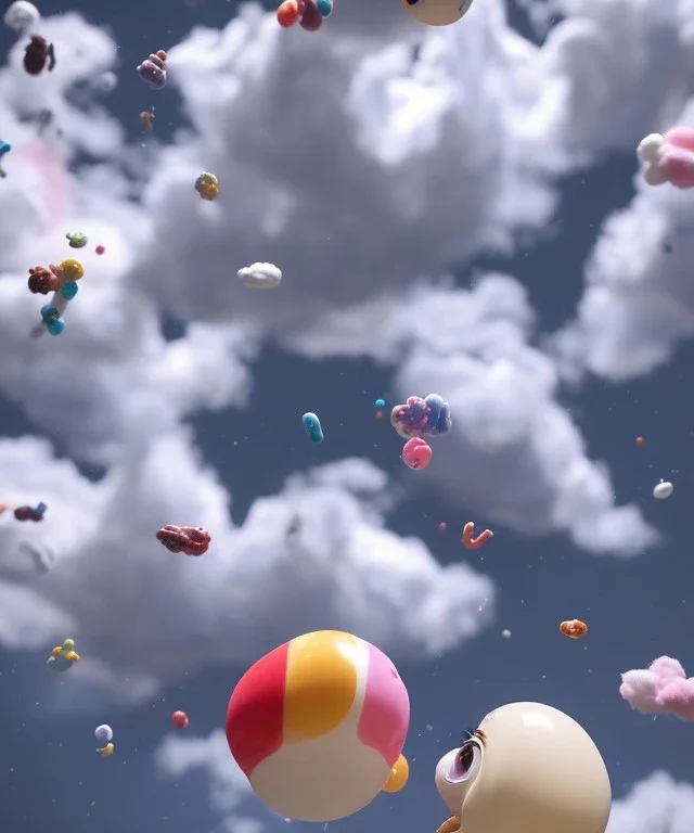 Ultra realistic speed clouds sky scene, wide angle view, childs falling down with many Childs background, rabbit head, inflatable monsters, circus dress style, feather color, free jumping flying, many trinkets, hair monster, many jelly beans, balls, color smoke, smile, happy, extreme, wind, clouds sea, 20,000 feet altitude, stratosphere, soft color, highly detailed, unreal engine 5, ray tracing, RTX, lumen lighting, ultra detail, volumetric lighting, 3d, finely drawn, high definition.