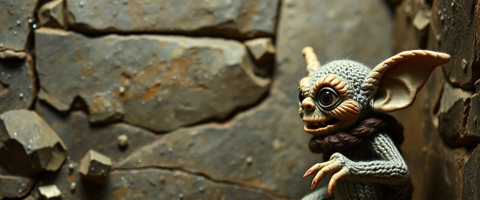 pin hole picture, miniatures on fake scene,master oil painting by Rembrandt, good afternoon disney bitch scary stone age gremlin, close up on a stupid knitted doll trying to explain something weird, in the style of HR Giger