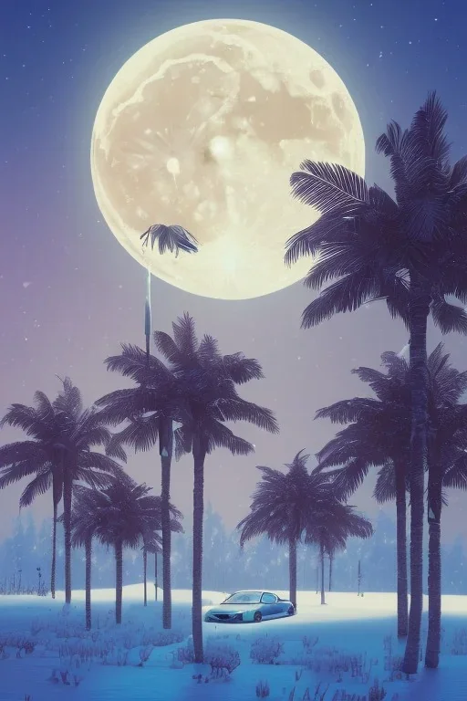 1980's aesthetic vaporwave palm trees with lighting with moon with audi in the winter snow