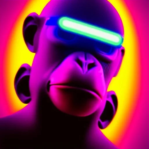 A beautiful portrait of a cyborg monkey purple neon color scheme, high key lighting, volumetric light high details psychedelic background