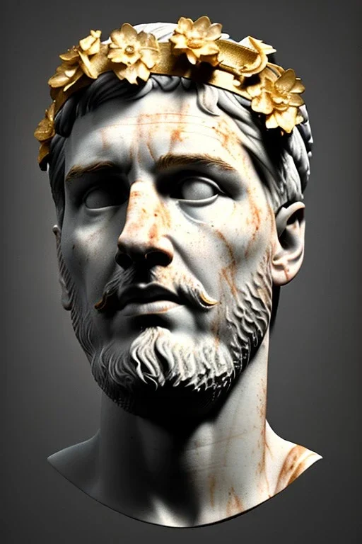 Ultra Realistic image, Roman sculpture bust, clean white marble material, Lionel Messi, gold Laurel leaves wreath and flowers, renaissance ornaments, one gold star, blue sky background, cinematic lighting, god light, 4k resolution, smooth details, ornate details, soft lighting, unreal engine 5, art station, substance 3d, art concept.