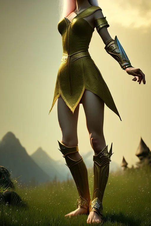 elven young woman, wearing light dress, visible ultradetailed cute femine face, visible and armonious legs feet and hands, luminous weather, field in the mountains, realistic 3d render, mortal kombat style, unreal engine