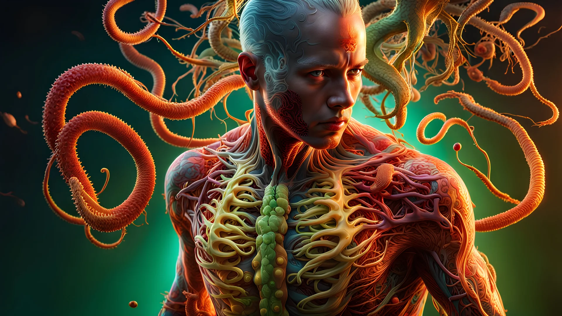 A full-body image of a human body being consumed by parasitic organisms that are coming out of the human's skin. Hyperrealistic, splash art, concept art, mid shot, intricately detailed, color depth, dramatic, 2/3 face angle, side light, colorful background intricate details, HDR, beautifully shot, hyperrealistic, sharp focus, 64 megapixels, perfect composition, high contrast, cinematic, atmospheric, moody.