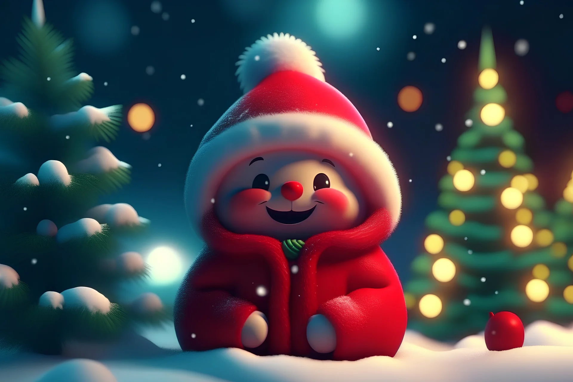 Cute little Santa smiley in a red jacket in the snow and Christmas tree. high resolution, 64k, detail rendering, high quality, fantasy, soft warm lighting, fluffy eyelashes, macro photography, 3D rendering, hyperrealism, hyperesthetic, sharpen, CGI