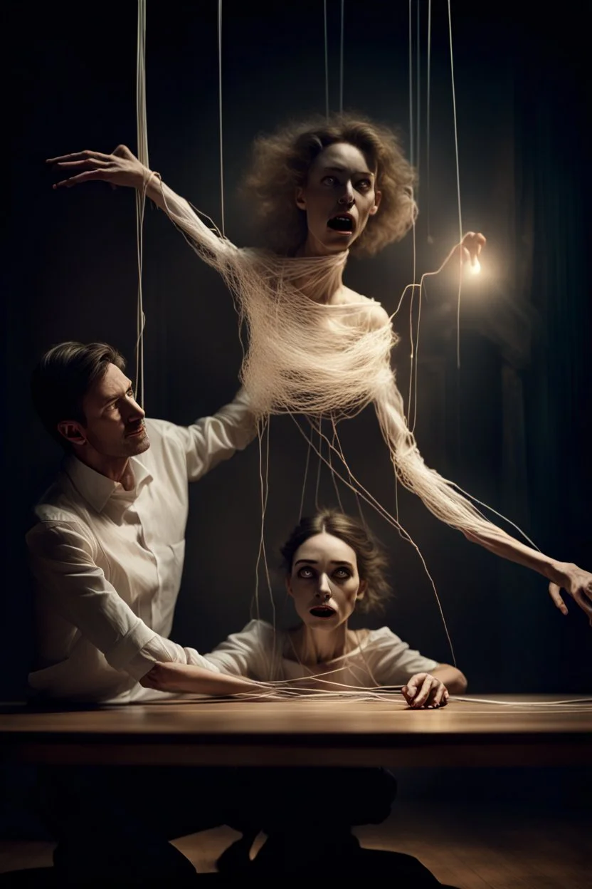 a digital image of a woman seated on a table, she is connected to string like a puppet, arms in air, moved by the strings, puppet like features in the face, beautiful face, looks desperate to break free, behind her is a huge image of a man holding the strings, creepy character,.zoomed in, dark and shadowy background with selective lighting on the woman