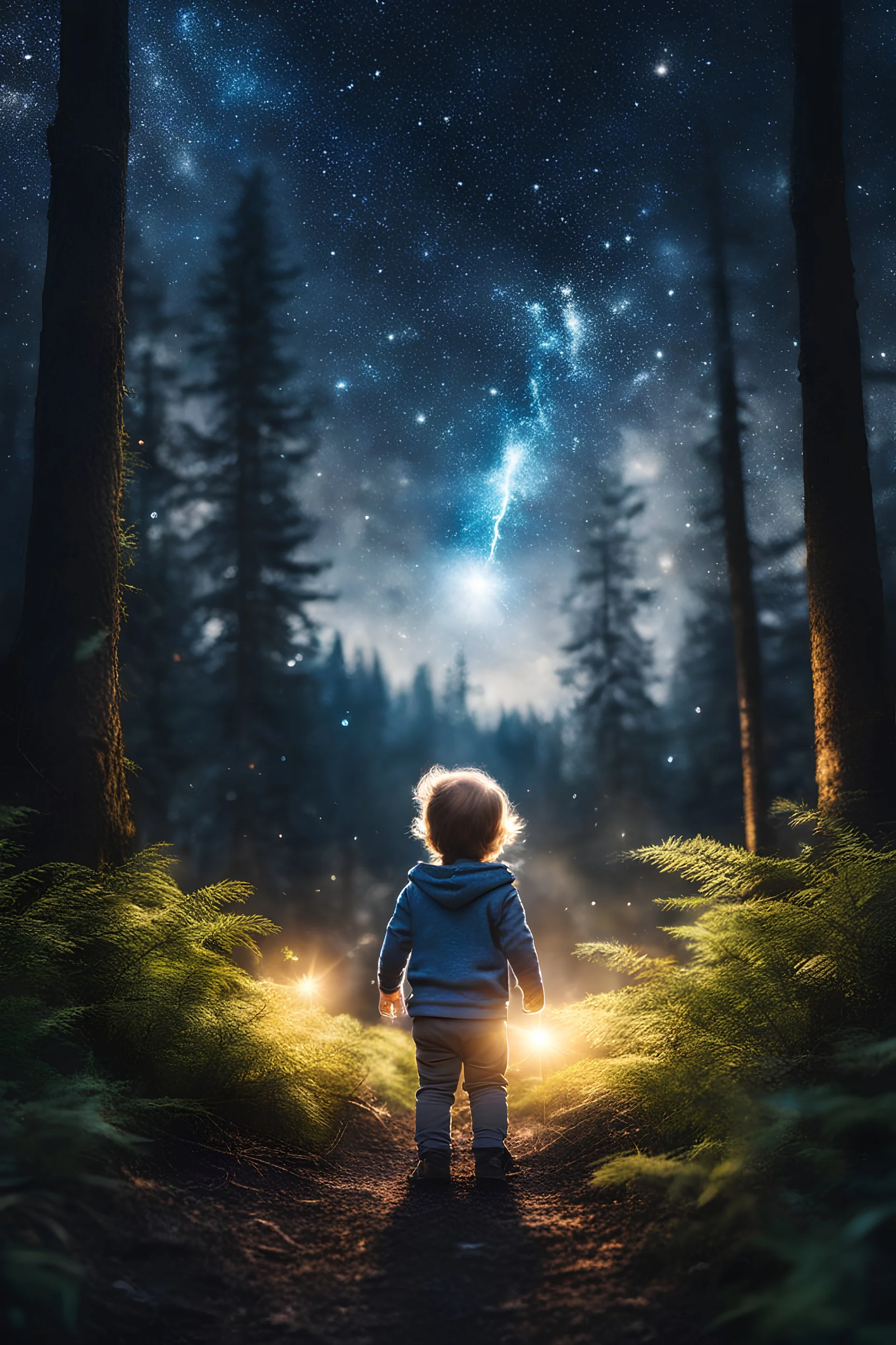 babyboy in the forest, sparks around her, galaxy on background,