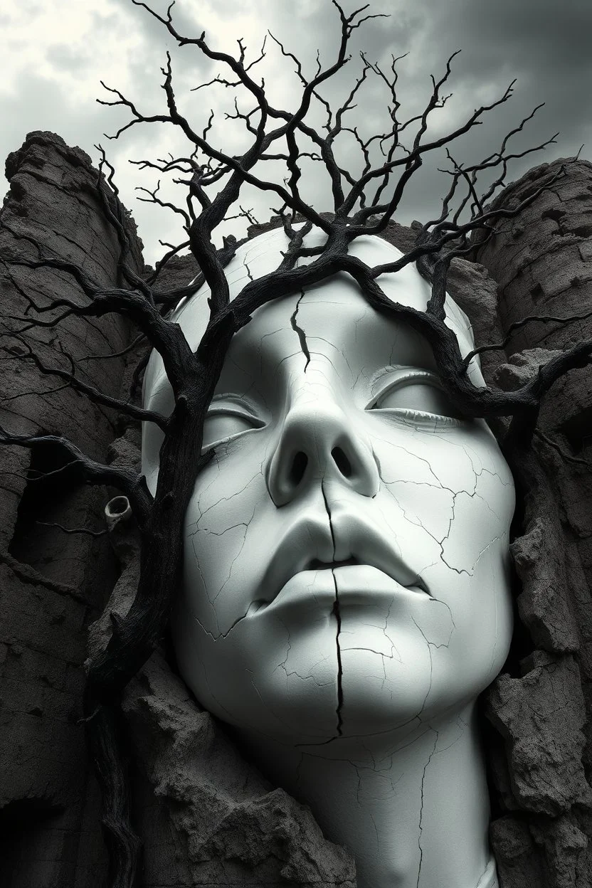 surrealis monochrome A fragmented, surreal sculpture liguid color of photorealistic image 3d,glossy emerging from dreamlike a crumbling building. The face appears pale with deep cracks and intricate details, evoking a haunting expression. Blackened tree branches intertwine with the gold mengkilat cracks, set against a backdrop of stormy, cloud-filled skies. bauhaus art The overall tone is dark and moody, suggesting themes of decay and transformation. Bruegel painting style