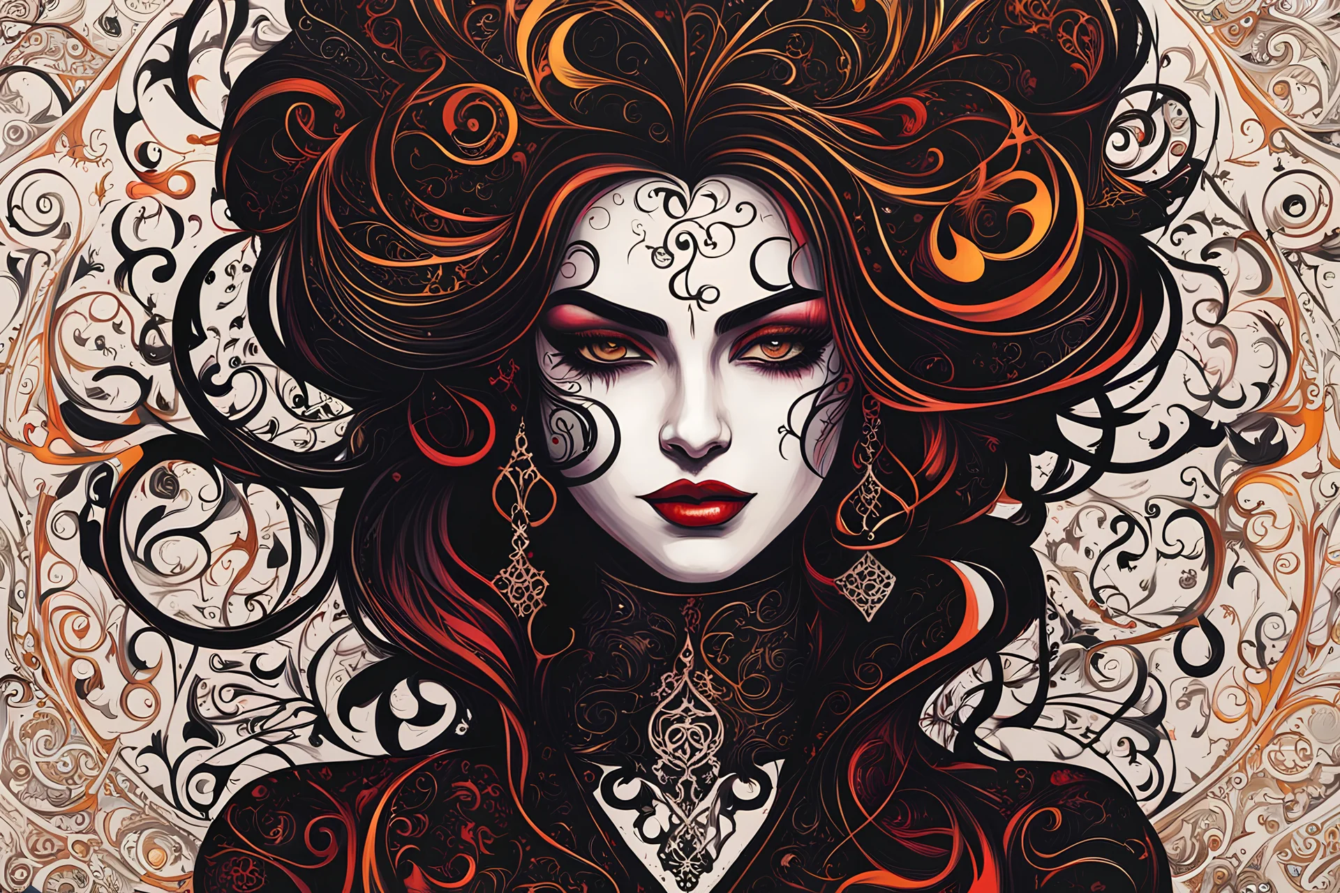 an abstract full body portrait of a goth punk vampire girl from calligraphic letters, flourishes, and swirls , finely drawn and inked, in classic Arabic calligraphy, 4k, hyper detailed in the style of EL SEED and vibrantly colored in the style of GUSTAV KLIMT