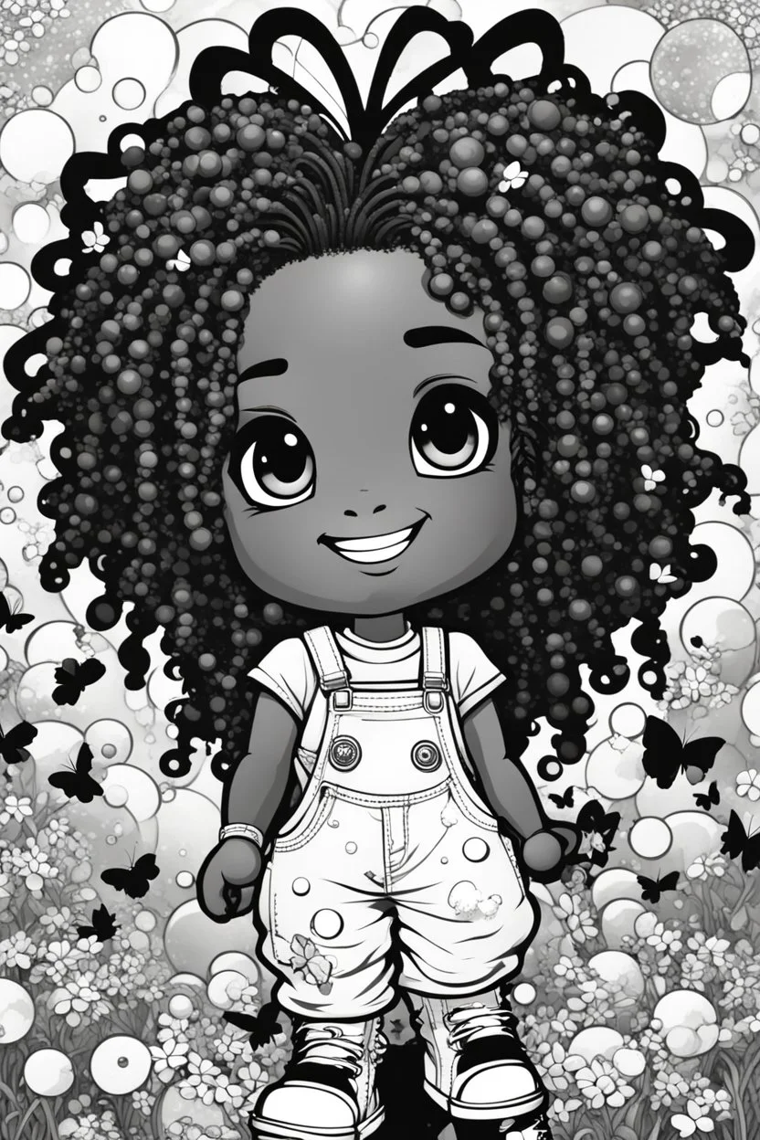 Create a coloring page of a abstract illustration of a chibi cartoon black young girl smiling wearing overalls and boots. . Highly detailed sister locs. Background of a large bubbles and butterflies all around her, black and white