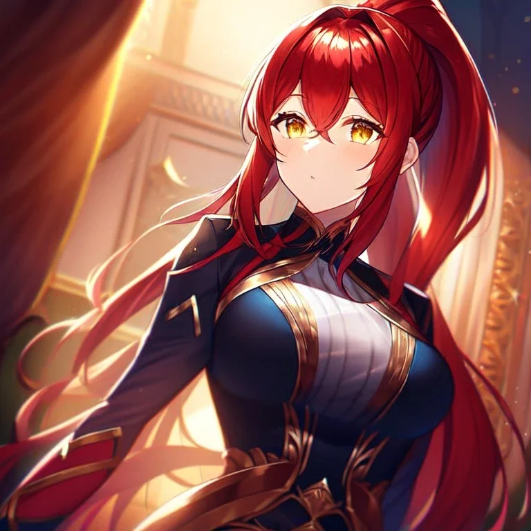 girl, masterpiece, best quality, volumetric lighting, detailed outfit, perfect eyes, red hair, golden eyes, long hair, ponytail, indoors, god rays,