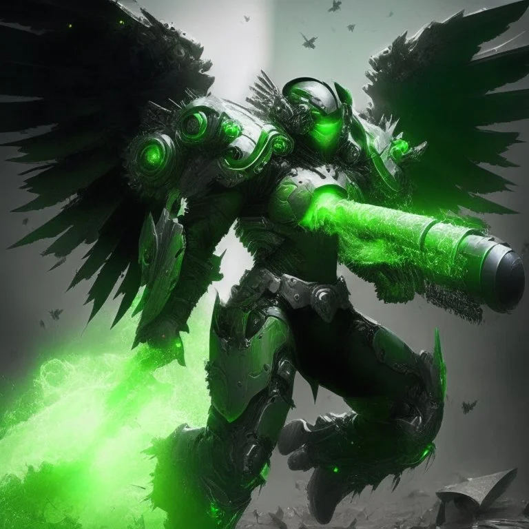 armadura verde y negra con alas de angel disparando un cañón de energía verde
