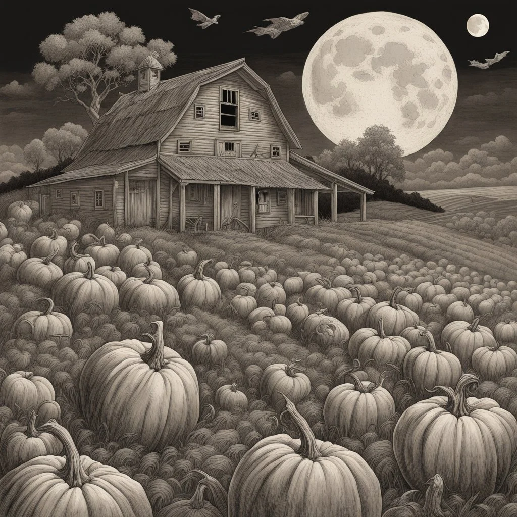 Sinister Jack-o-Lantern cryptids in a herd descending like a tidal wave upon a rickety barn, nighttime harvest moon, expansive silverpoint illustration surreal horror masterpiece; dramatic; stygian cornfield farm, deep red-black-orange colors.