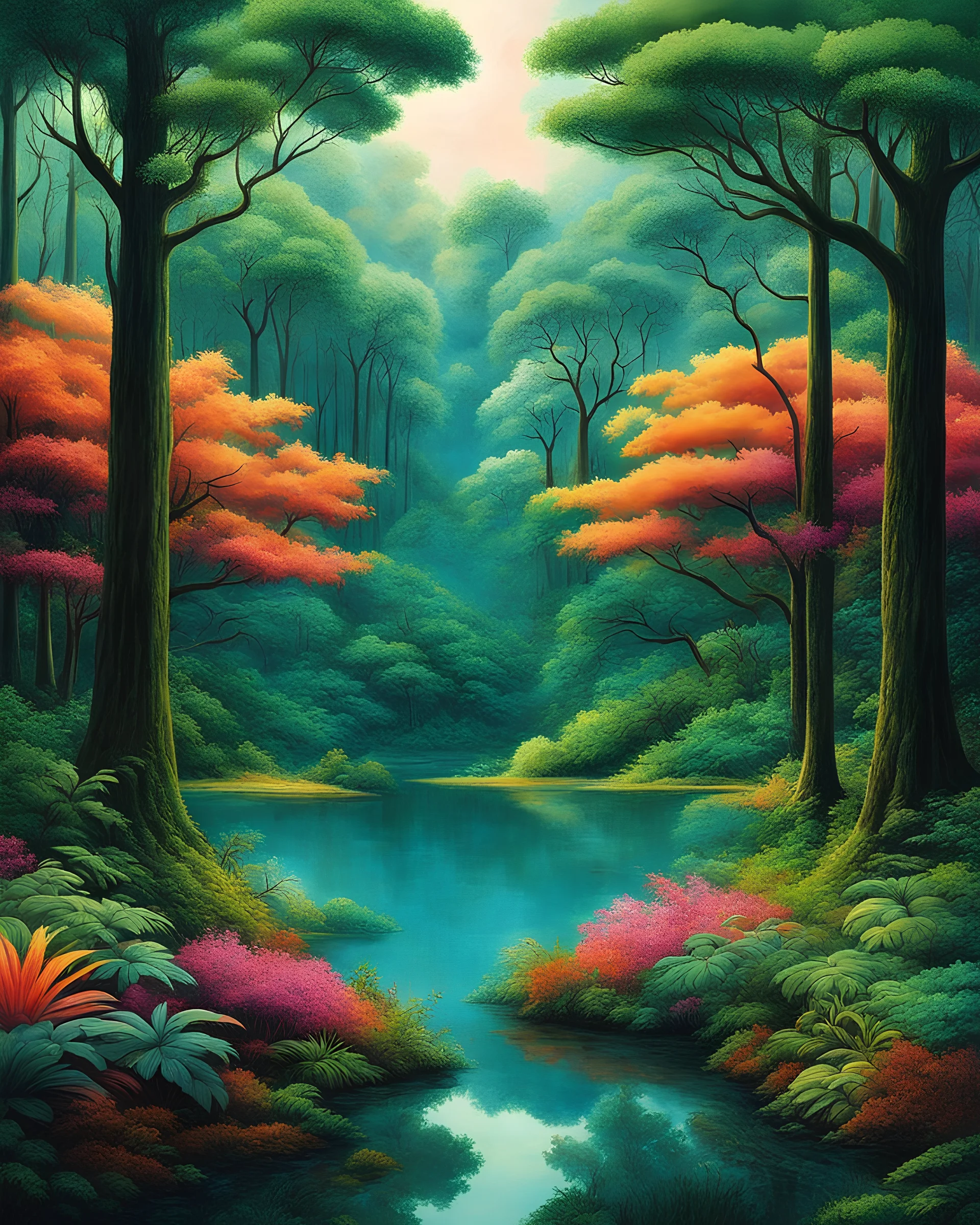 A mesmerizing and mysterious optical illusion set in a vibrant, natural environment, featuring ambiguous images with dual perspectives. The image captures a lush, colorful scene—perhaps a dense forest, a tranquil lake, or a wild savannah—where the elements of nature and living beings are intricately woven into a complex, double-meaning composition. At first glance, the scene may appear to depict a serene landscape or a group of animals in their natural habitat. However, upon closer examination,