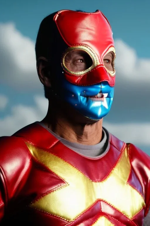 realistic image of joe biden as a mexican wrestling fighter posing, Mexican eyes wrestling mask, red and blue breeches, retro style, 80s, vibrant color, highly detailed, sky background, concept art, unreal engine 5, god rays, ray tracing, RTX, lumen lighting, ultra detail, volumetric lighting, 3d, finely drawn, high definition, high resolution.