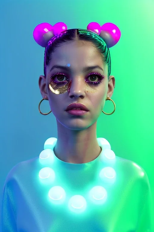 Rosalía artist, Realistic image, natural waist up portrait, perfect eyes, glow, circle iris, eye liner.sweet face, pigtails hair, spray line make up, glow. lips, gold. big rings piercing, led ornament, pearls. coat, latex, inflatable, hot, led lights, minimal, neon, pink, blue, gold, vibrant color, highly detailed, art stations, concept art, smooth, unreal engine 5, god lights, ray tracing, RTX, lumen lighting, ultra detail, volumetric lighting, 3d, finely drawn, high definition, 4k.