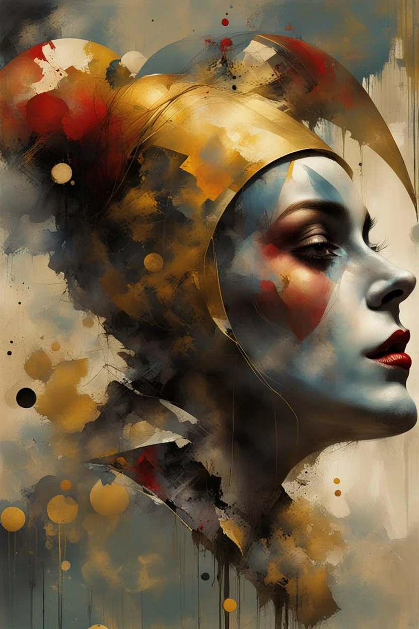 Digital Art of merry harlequin embodying the essence of merriment in a , minimalist approach, influenced by Luis Miranda, Jeremy Mann, Jeffrey Catherine Jones, blends conceptual art with elements of painting and illustration, somber tones, fragmented souls, shadow play, diffuse textures, abstract forms, digital painting, high conceptuality, palette inspired by Jeffrey Catherine Jones, golden ratio composition, fine detail, cinematic lighting.