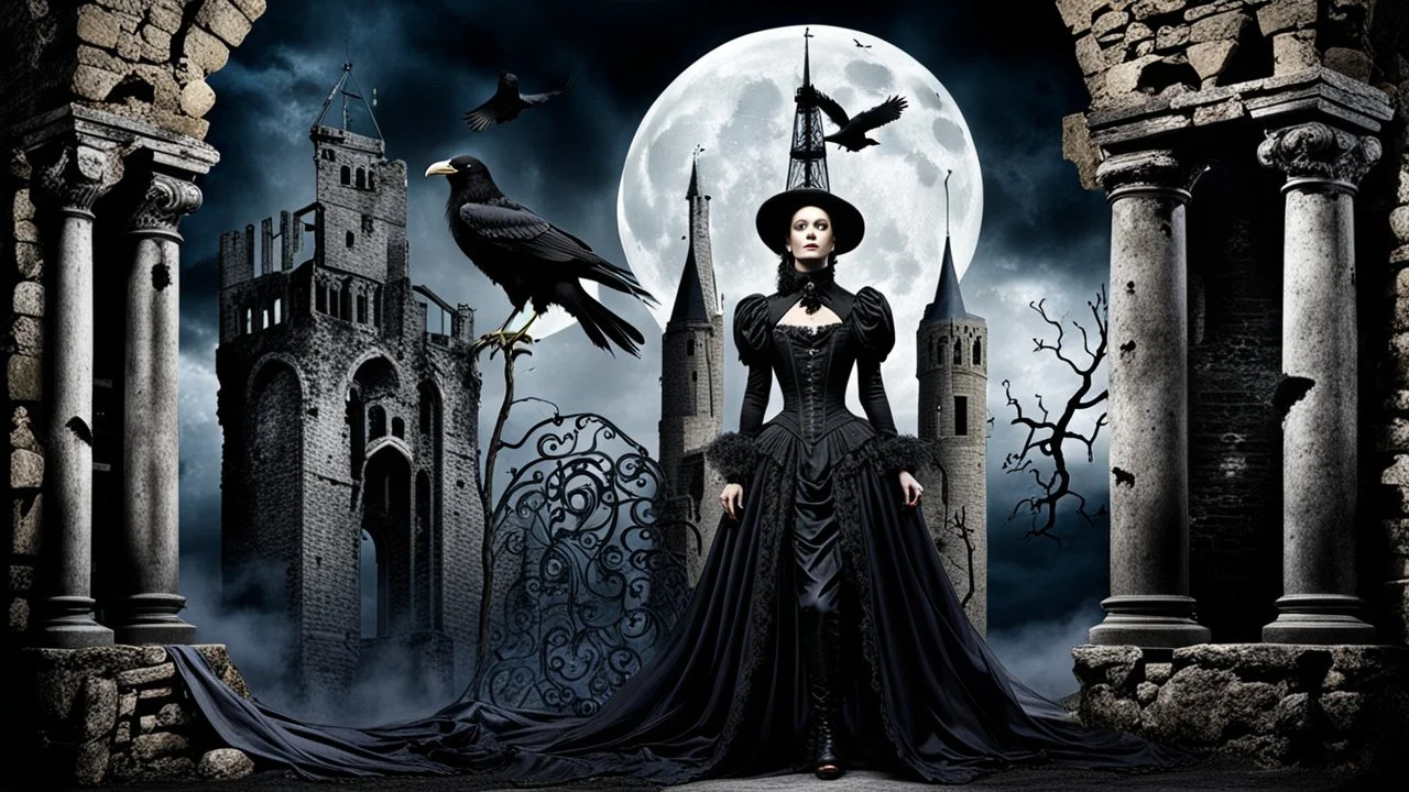 goth theme with victorian style woman, two raven, tower, ruin, moon, darkness, detalied materials, old wall, mystic, dark fantasy