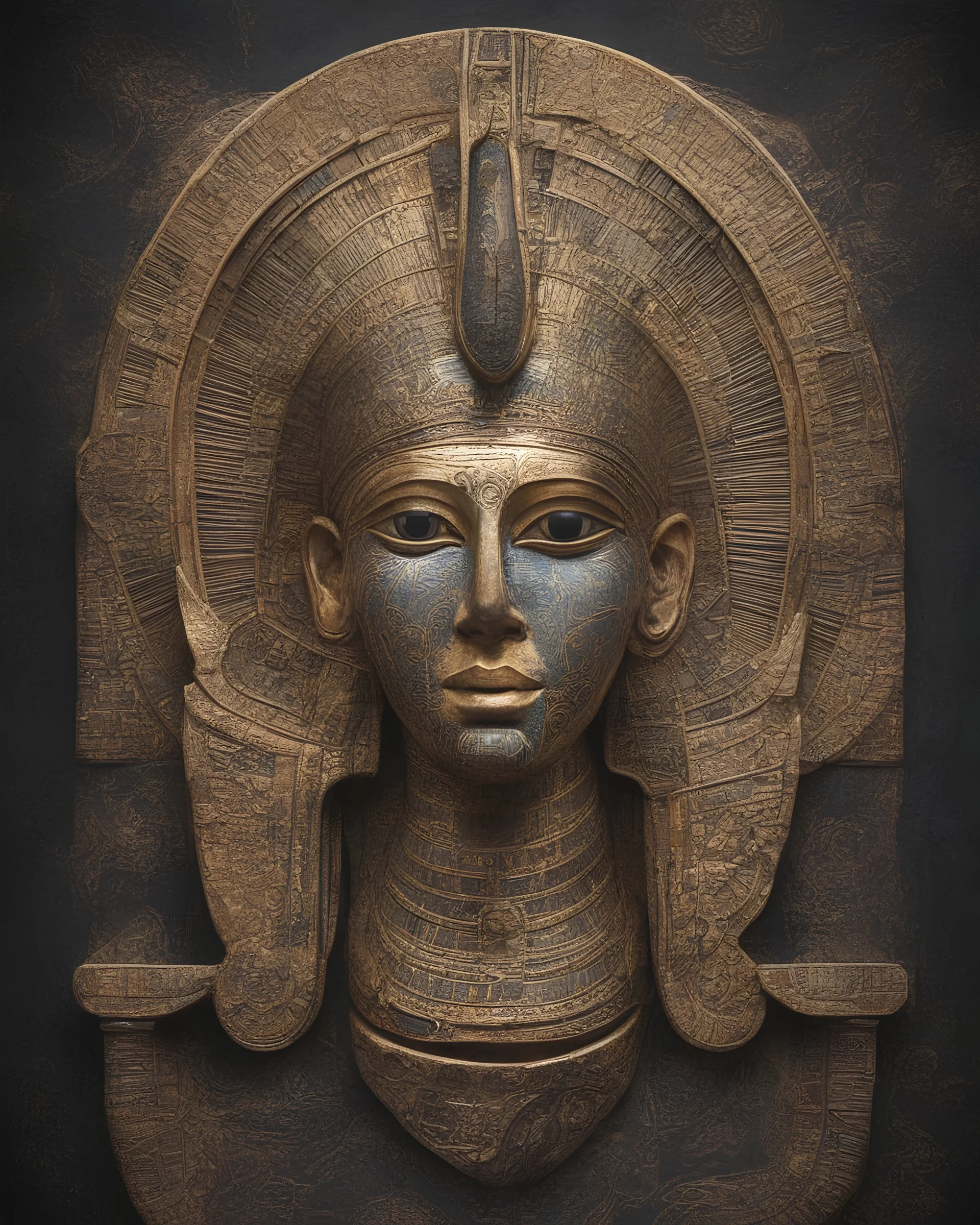 a very creative masterpiece art of ancient Egypt god, the design express power, mystery, magic power, high details, sharp focus, intricate details, vivid color, volumetric lights, Black Background,