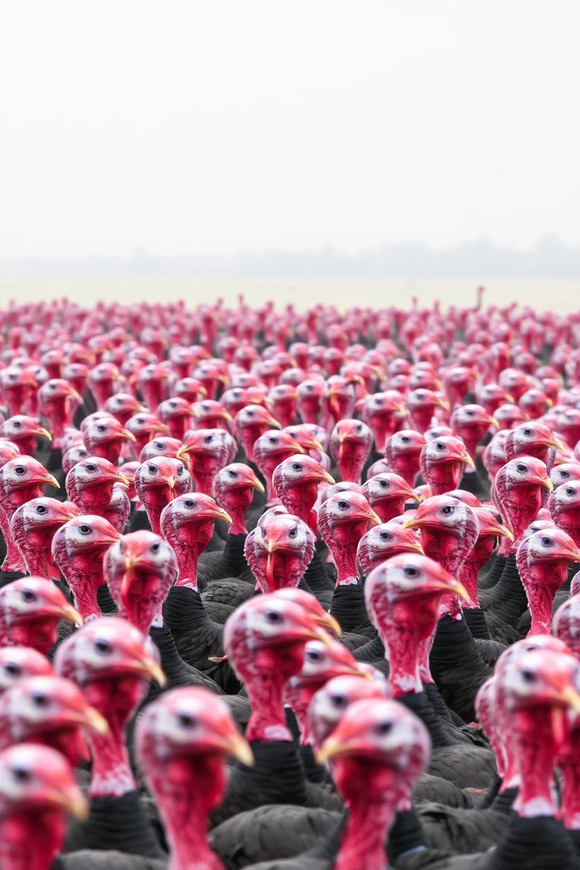 A 50 of turkeys heads filling the whole view and the background