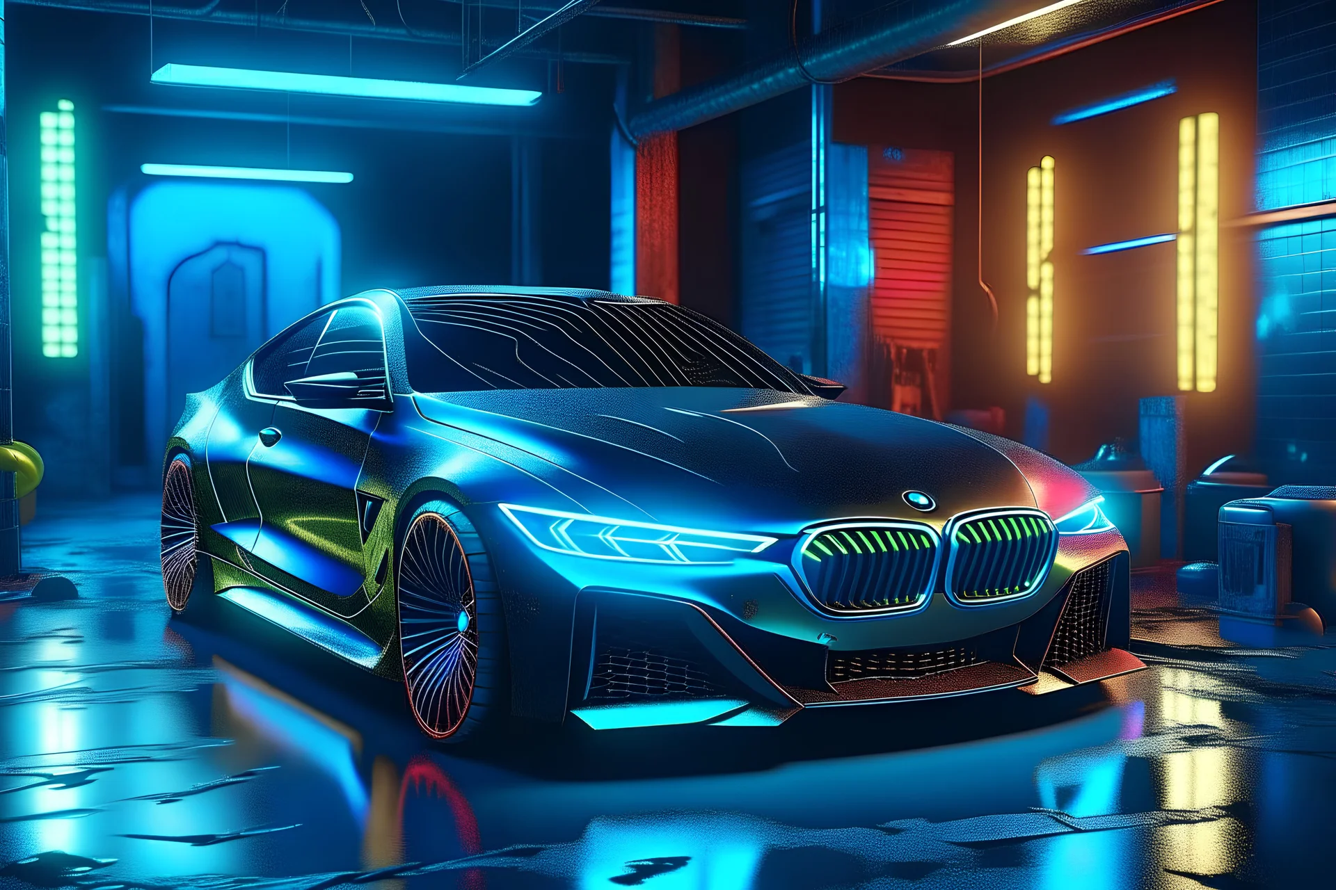 bmw enter composition, ultra realistic,shiny, smooth, studio quality, octane render, Surrealism, Triadic colour scheme,glow-stick, ambient lighting,nightclub lighting, polaroid, 100mm, --ar 1:1 --v4 cyberpunk