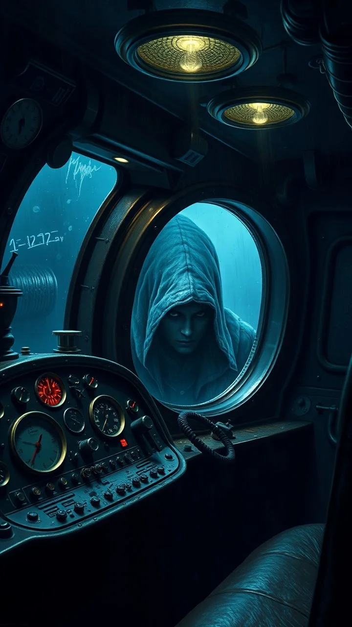 inside a dark submarine , paint it in the baroque style, as if the man is horrified, with complicated dashboards with many gears . A dark hooded face out side the window, scary , mysterious, 8k , high quality
