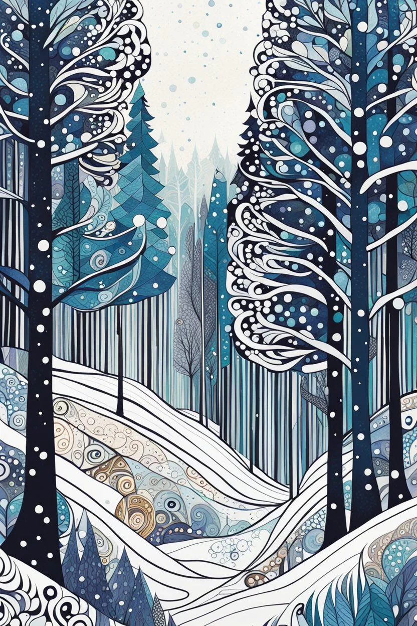 random color Zentangle patterns in the styles of Gustav Klimt ,Wassily Kandinsky, Paul Klee, and Kay Nielsen that depicts a quiet snow clad winter forest with fine ink outlining