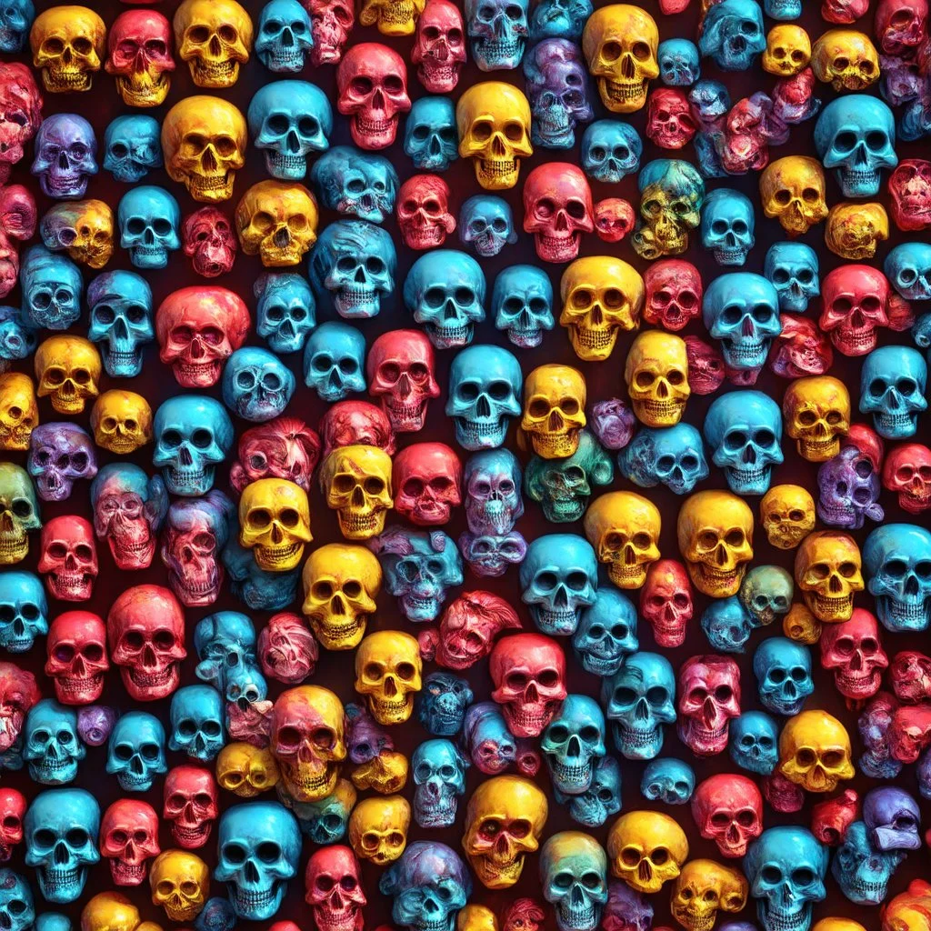 ANATOMICALLY CORRECT digital photograph of wall of multicolored SKULLs OF disney characters with fine line, highly detailed, high resolution, 8k 3d, vray, horrorcore, vivid, bright