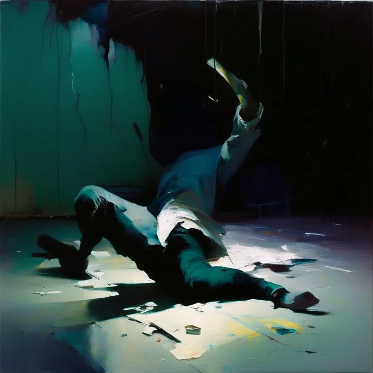 Minimal abstract oil paintings falling person limbs sinew and concrete fragments illuminated at night style of Justin Mortimer