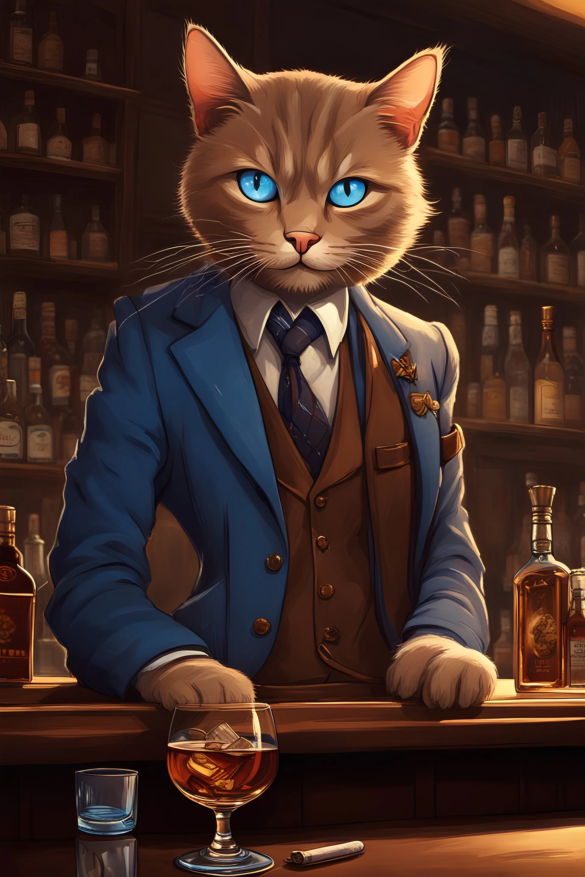 a blue-eyed cat in a trader's suit is leaning against a Scottish-style bar, his eyes a crystalline blue, he's elegant and stylish, the bar light is subdued and a light cigarette smoke floats into the room. A glass of whisky sur galce sits on the bar, the color of the whisky a translucent brown. High quality, ultra-detailed