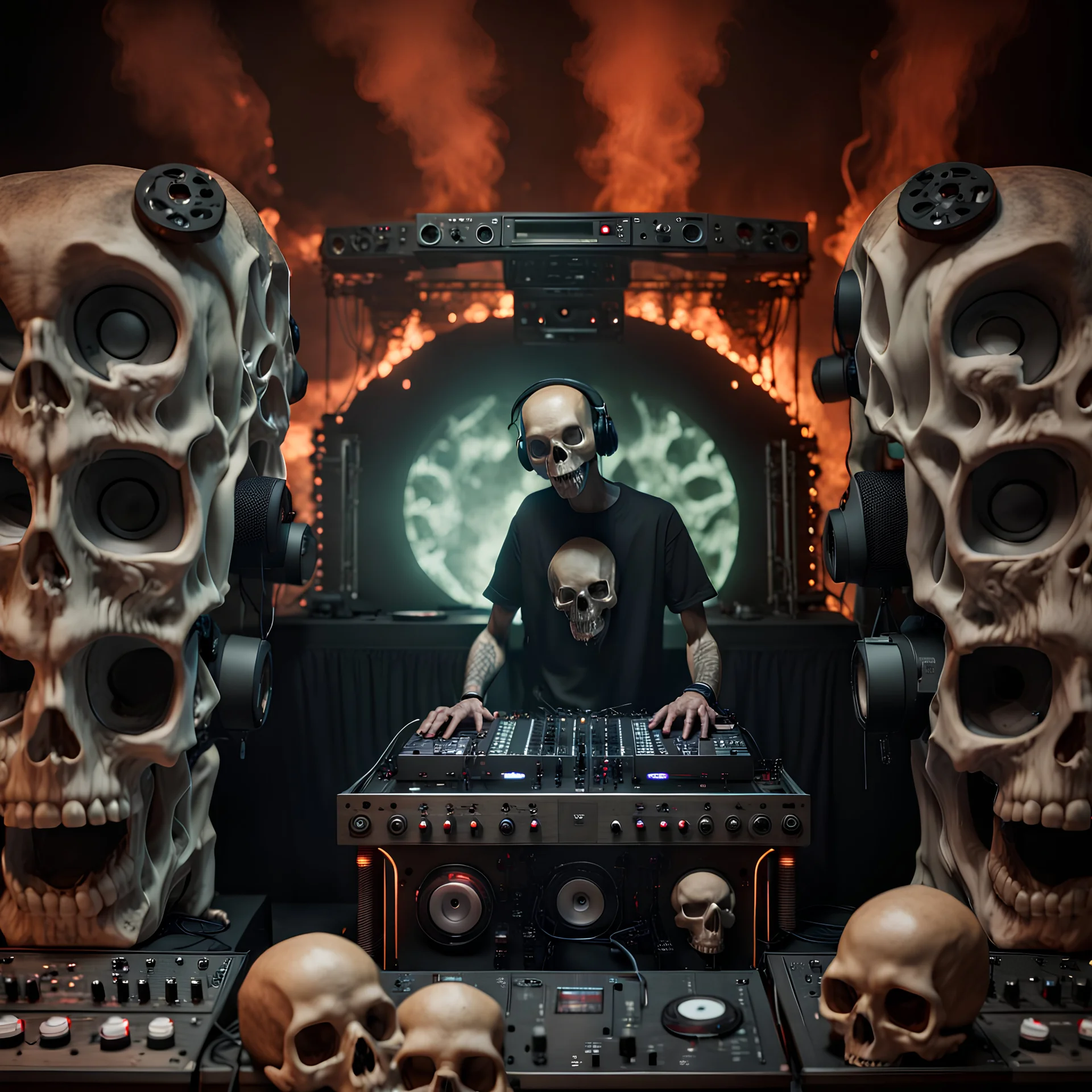 DJ of the damnded, insanely detailed DJ booth in hell, MID set, speakers and equipment made of bone, anatomically correct, add more skulls in th audience, photorealism, vray, 8k 3d