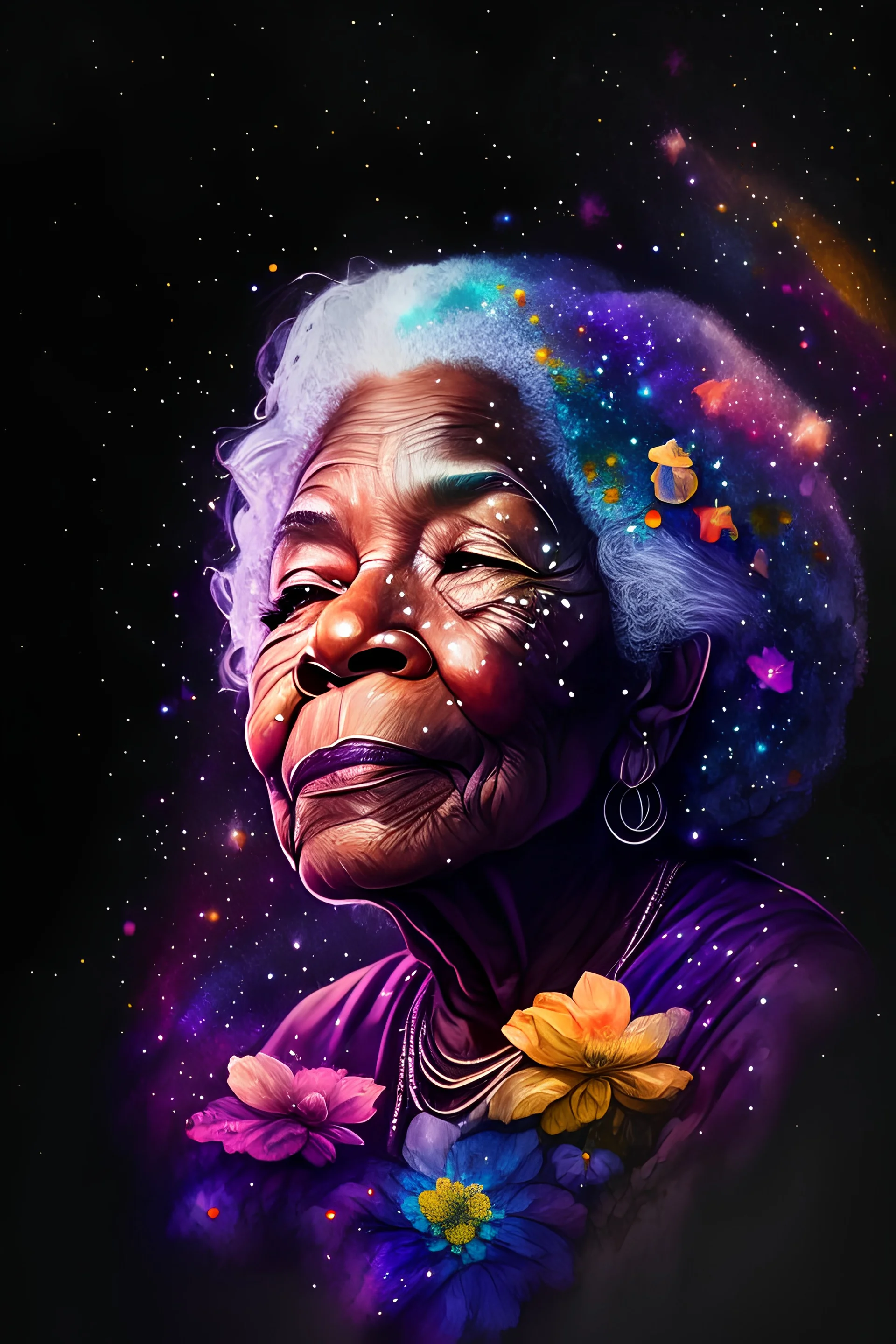 watercolor of Old black Woman Baba jaga Portrait with beautyful Flowers, black background, vibrant splashes of colorf, cinematic lighting, 8k resolution, rainbow space, stars, cosmic space,