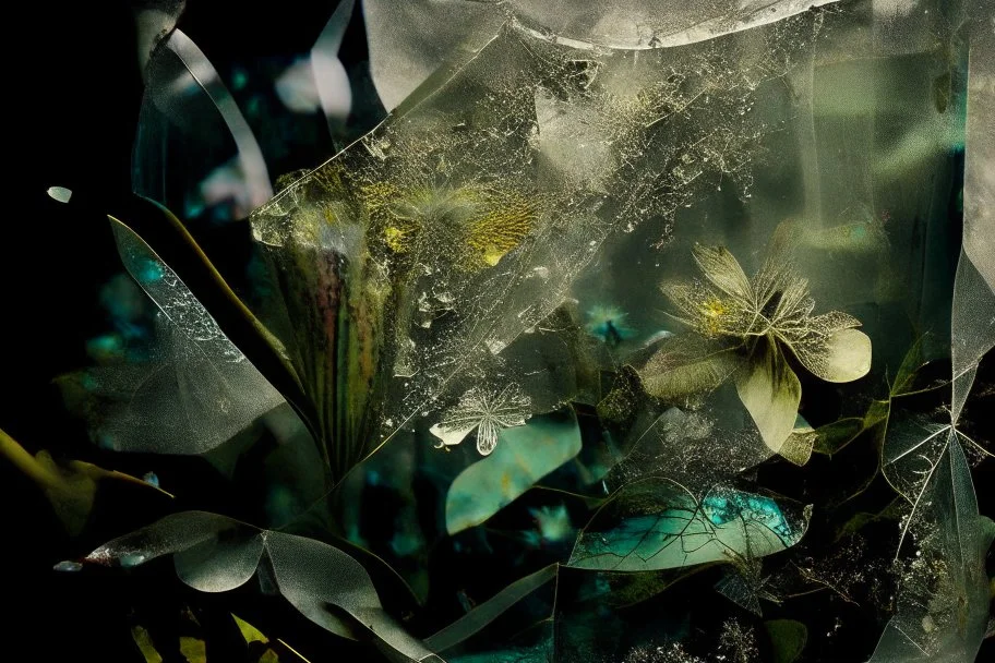 lifechanging, veil, flowers, blur 5%, double exposure, merged layers, in the first part (near to us) of the picture you can see a plain sandblown smoked glass, engraved with a folk art pattern, the glass is cracked in several places, in some places the glass is broken, crumpled burlap, through it you can see a tropical rainforest with a waterfall, mist, tooth, sunrise