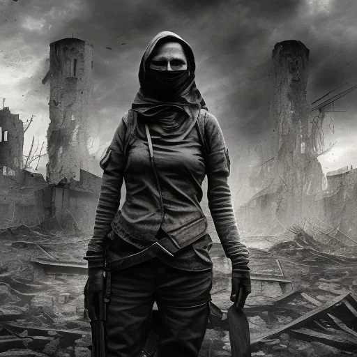 women, faces covered in black masks, ragged clothes, holding flag, war-torn, destroyed city in the background, 8k resolution, hyperrealistic, detailed matte painting, b&w, dynamic lighting, war, anarchy, terrorists, sepia