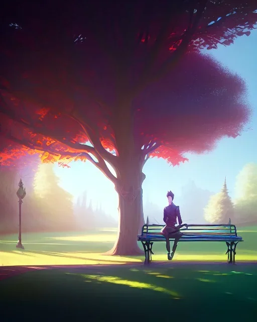 park mystical dream, park bench, man, woman, child, dog, trees, path, bird, sunshine, mystical, fantasy, romanticism, pastel colors, daylight, daytime, acrylic painting, detailed, soft focus,