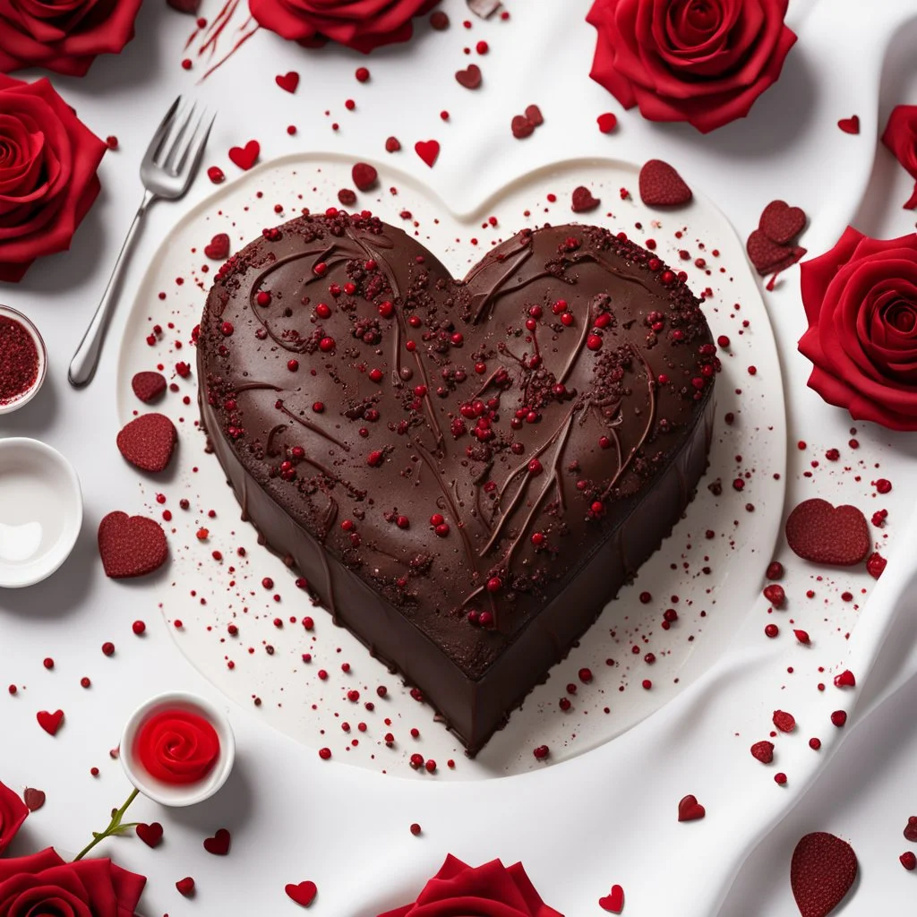 heart shaped chocolate cake, red and brown sprinkles, red roses laying beside cake, wine, liquid chocolate, botanical, on romantically set table with white tablecloth, colored and creative illustration. Visual for 3D hyperrealistic gourmet design, backlighting, white chocolate veiny drizzles, stunning, realistic, concept art